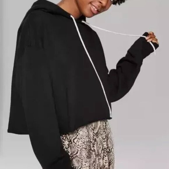Target Wild Fable Fleece Crop Hoodie Top Black Size Large  B40 - Picture 1 of 8